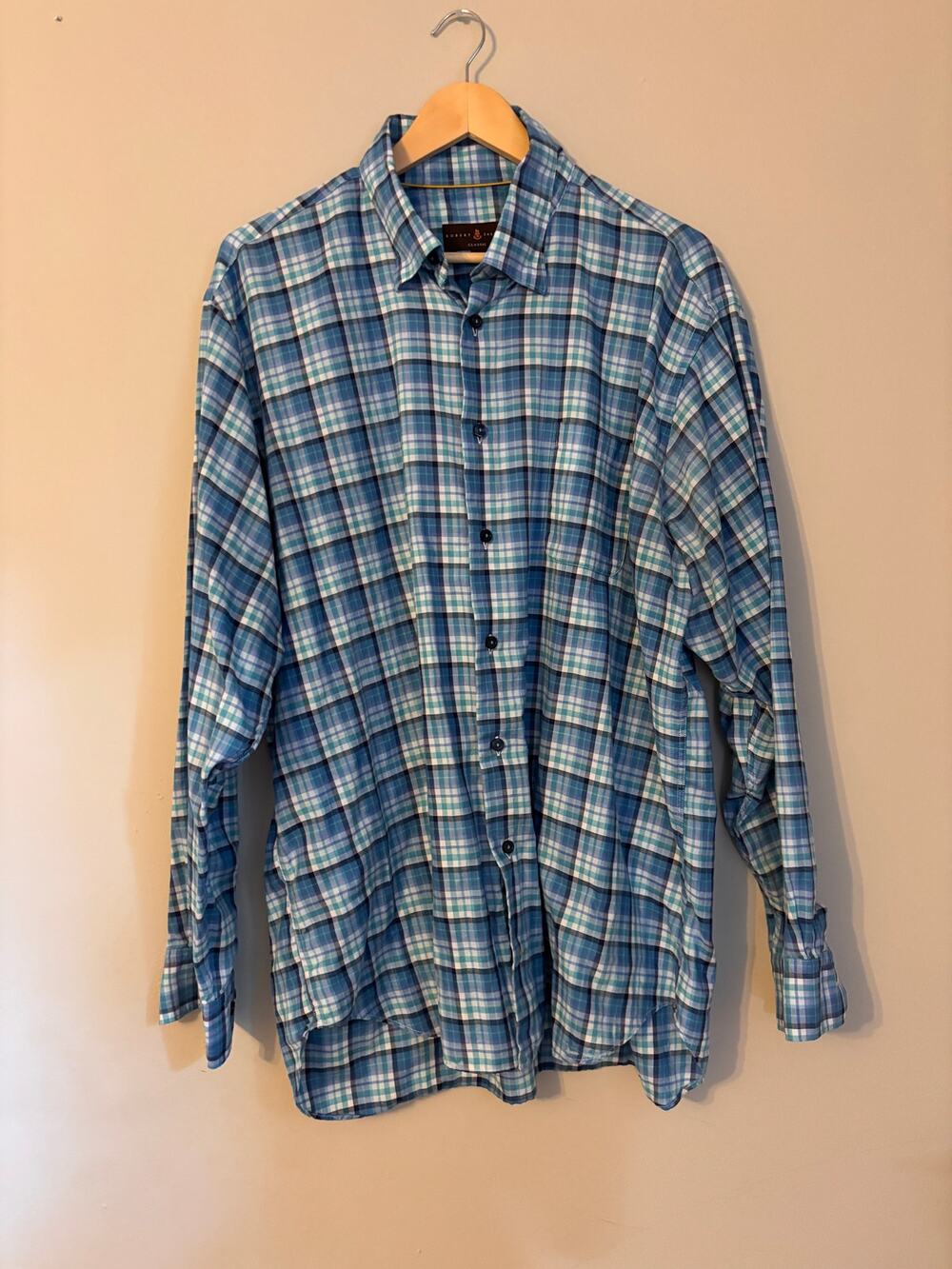 Robert Talbott Carmel Shirt Mens XL Blue Green Plaid 100% Cotton Button Up
